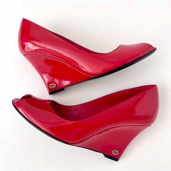 GUCCI | Red Patent Leather GG Logo Peep Toe Wedge Pumps Heels Shoes Size 6 US - Picture 11 of 15